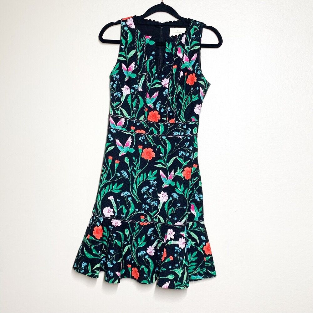 Kate Spade Jardin Tile Jacquard Mini Dress 0 Black Floral Hummingbird Sleeveless